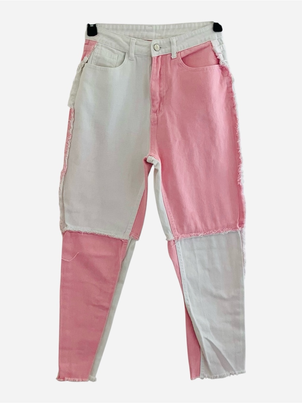 SHEIN Women’s Size 4 Pink White Patchwork Jeans Raw Hem Colorblock Straight Leg